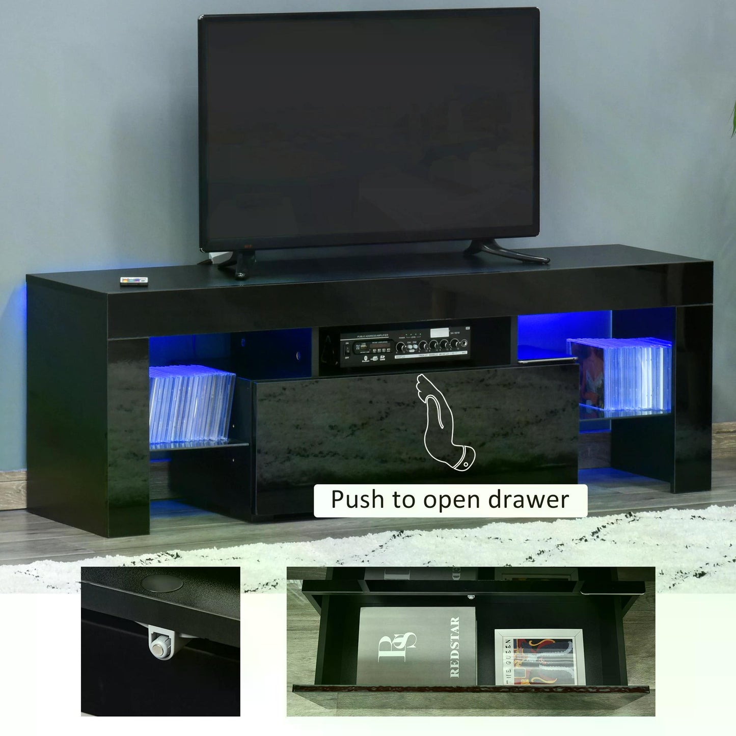 High Gloss TV Stand Cabinet with LED RGB Lights and Remote Control for 43"/50"/55" TV, Media TV Console Table with Storage Drawer and Shelf