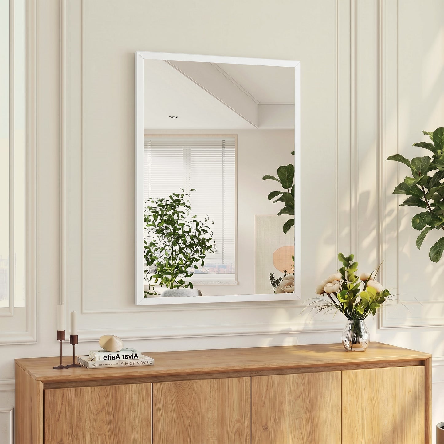 Decorative Rectangular Wall Mirror, 70 x 50 cm Wall-Mounted Bathroom Mirror for Living Room, Bedroom, Hallway, White