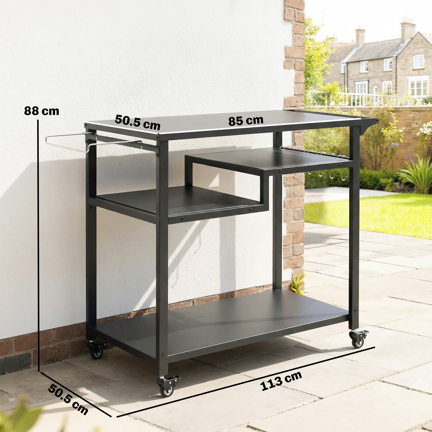 Outdoor Grill Cart, Movable Food Prep Table on Wheels, Black
