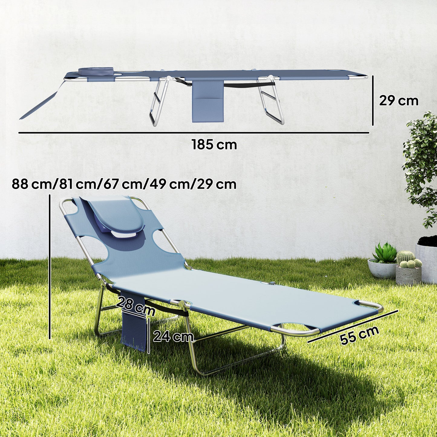 2 Sun Loungers with Reading Hole, Folding Garden Lounger, Grey