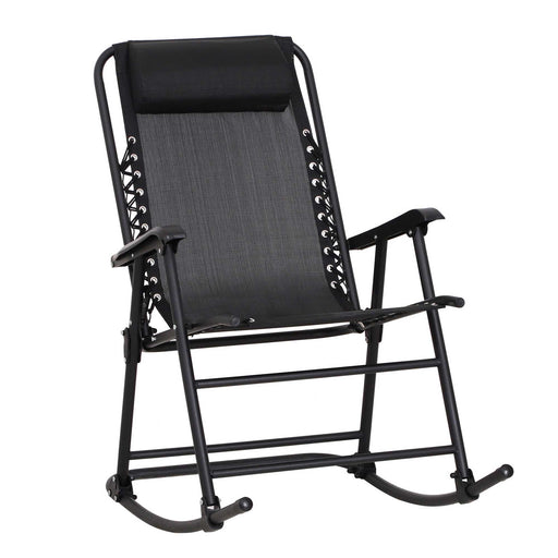 Garden Rocking Chair Folding Outdoor Adjustable Rocker Zero-Gravity Seat with Headrest Camping Fishing Patio Deck - Black