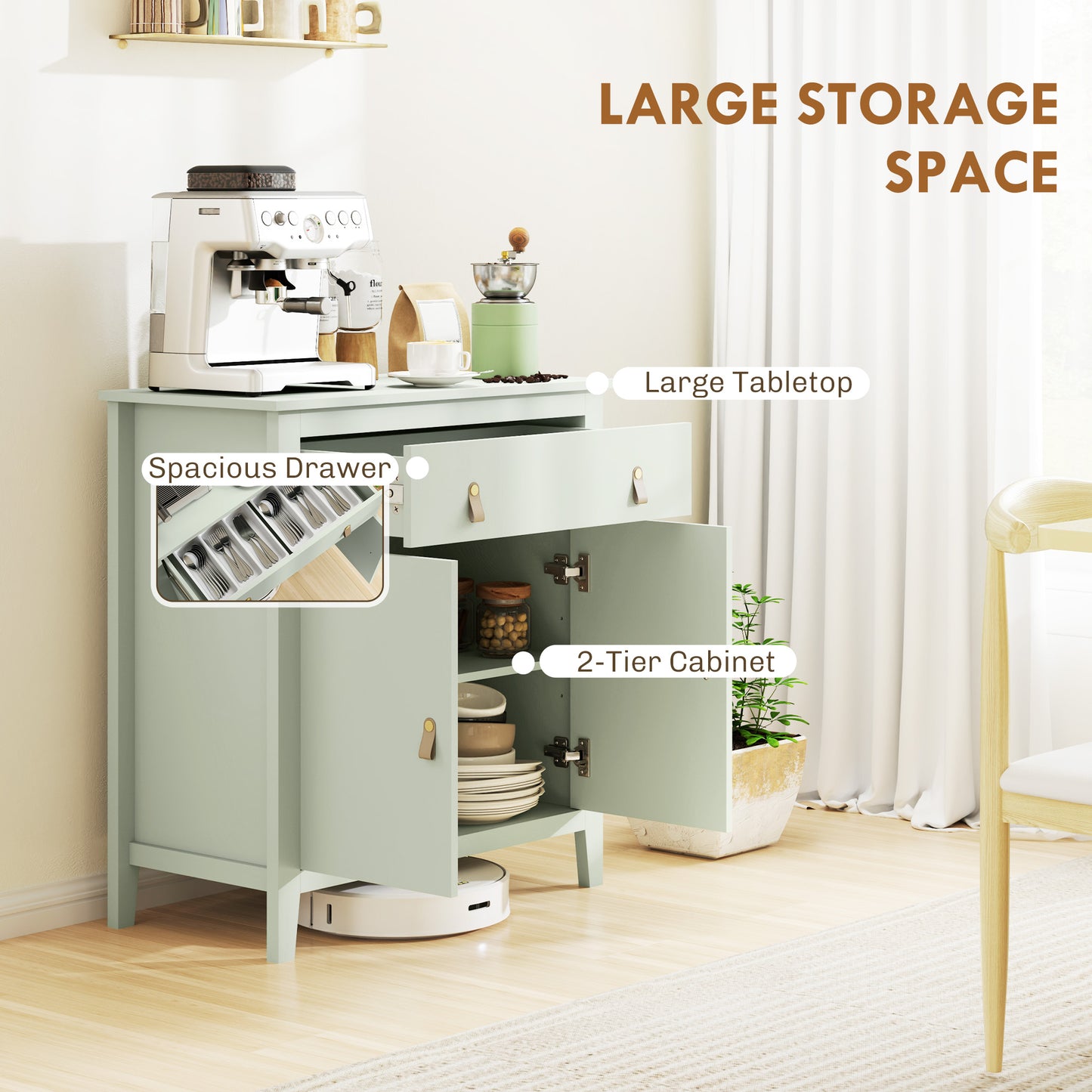 Sideboard with Drawer, Adjustable Shelf for Living Room, Light Green