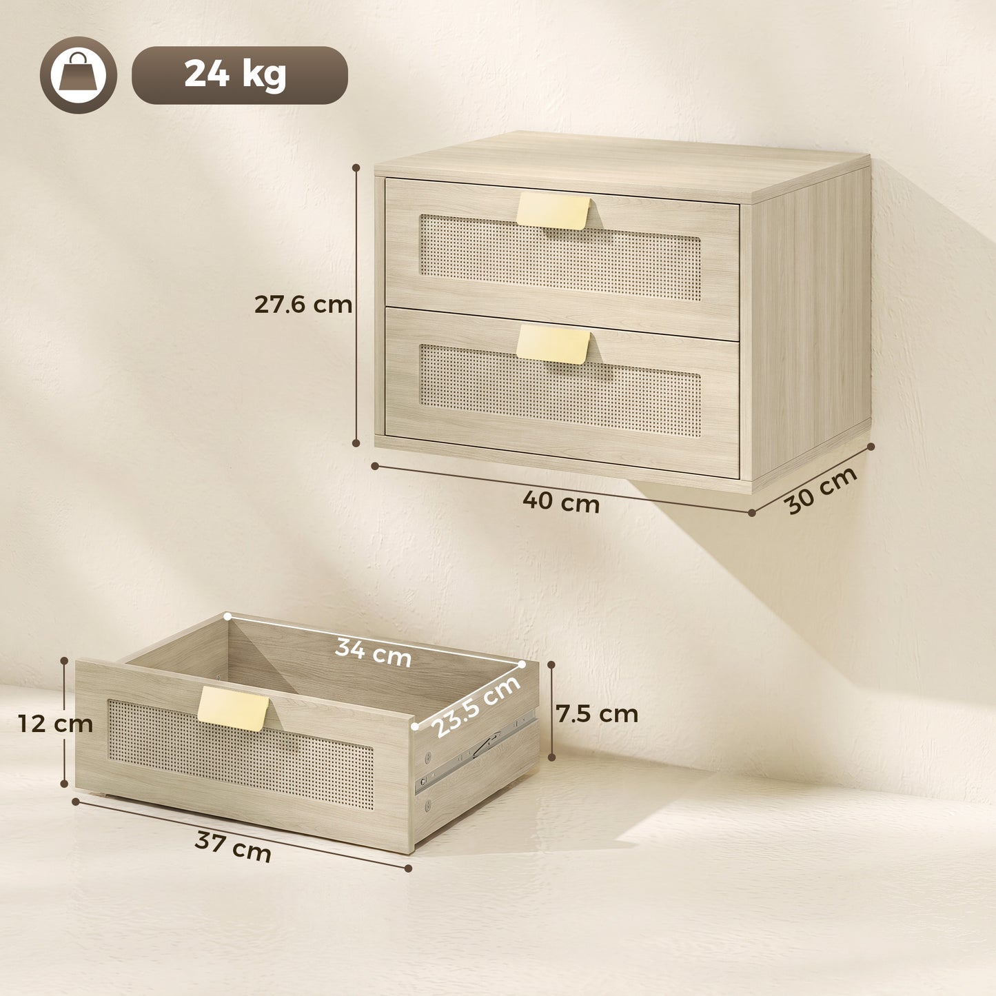 Modern Floating Nightstands Set of 2,  2 Drawers Bedside Tables, Oak