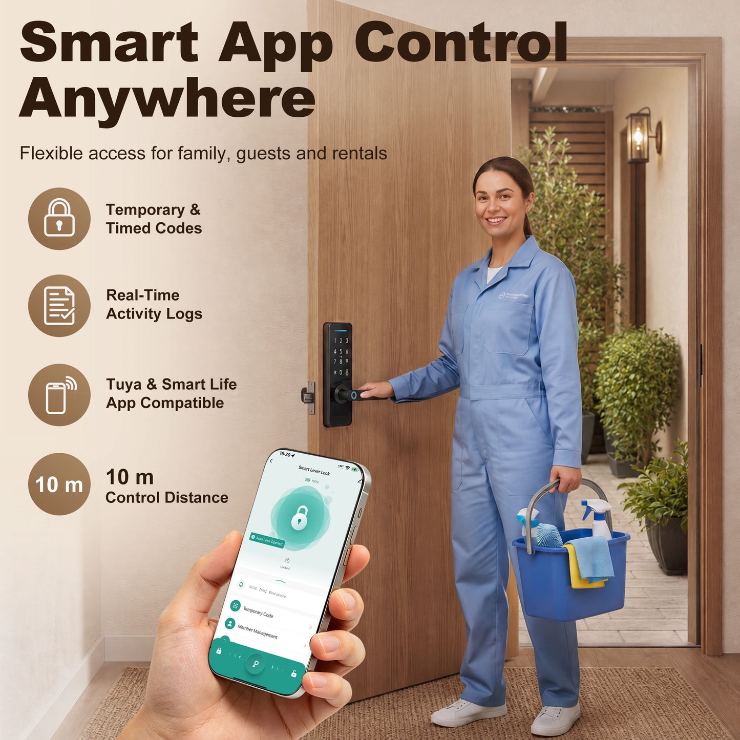Smart Door Lock, Fingerprint/Passcode/APP/NFC/Key, Doorbell