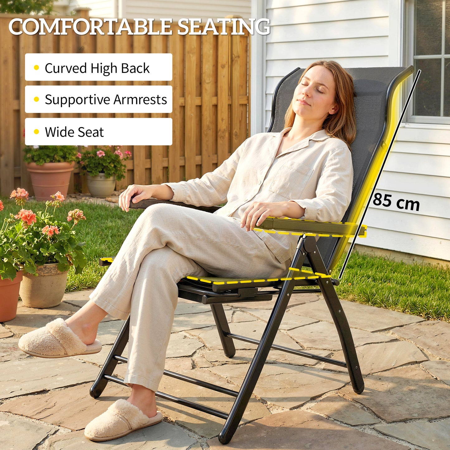 Folding Reclining Garden Chairs Set of 2 with Footrest, Dark Grey