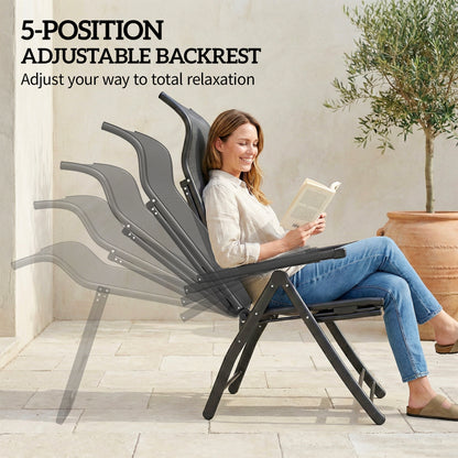 Folding Reclining Garden Chairs Set of 2 with Footrest, Dark Grey