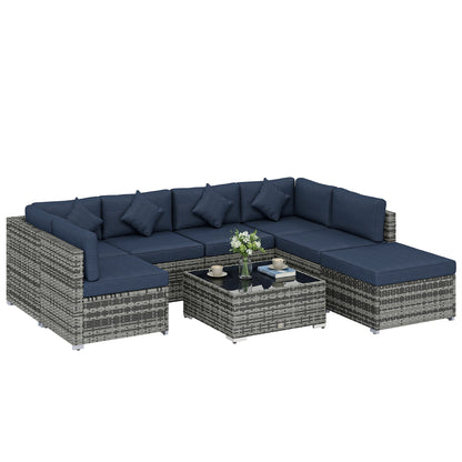 8 Pieces Patio Rattan Sofa Set, Garden Furniture Set Dark Blue