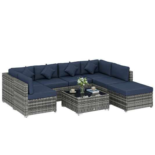 8 Pieces Patio Rattan Sofa Set, Garden Furniture Set Dark Blue