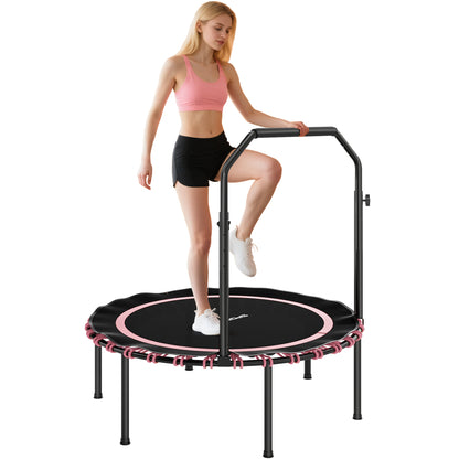 40'' Foldable Fitness Trampoline, Mini Trampoline Bungee Rebounder with 5-Level Adjustable Handle for Adults Indoor Outdoor Exercise, Pink