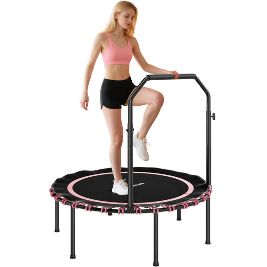 40'' Foldable Fitness Trampoline, Mini Trampoline Bungee Rebounder with 5-Level Adjustable Handle for Adults Indoor Outdoor Exercise, Pink