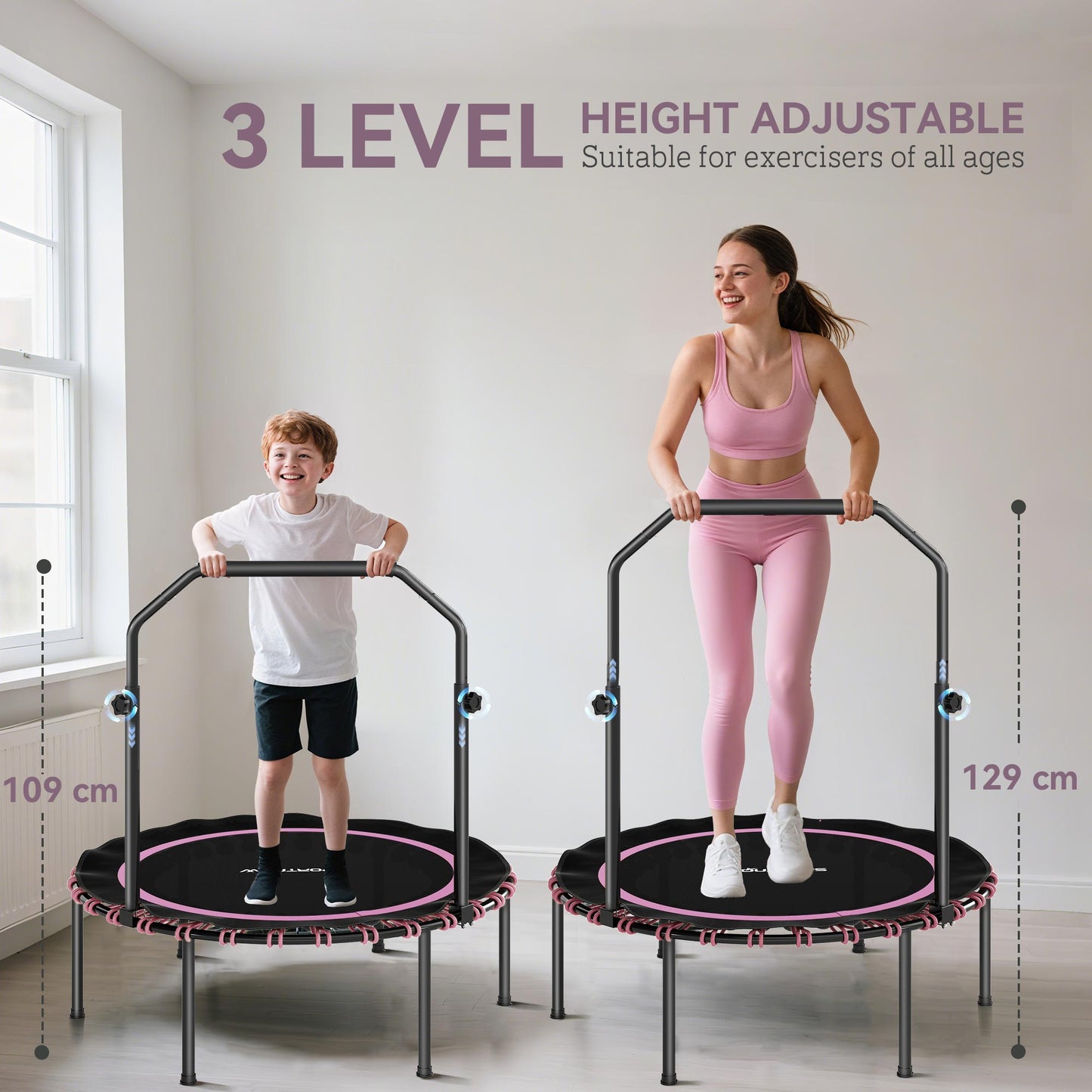 40'' Foldable Fitness Trampoline, Mini Trampoline Bungee Rebounder with 5-Level Adjustable Handle for Adults Indoor Outdoor Exercise, Pink