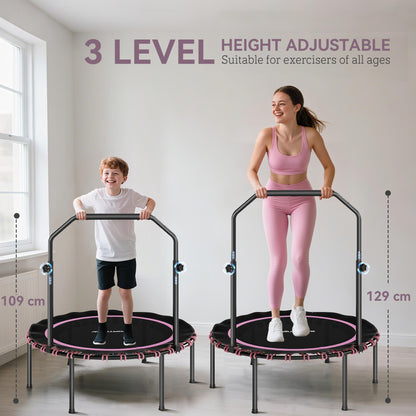 40'' Foldable Fitness Trampoline, Mini Trampoline Bungee Rebounder with 5-Level Adjustable Handle for Adults Indoor Outdoor Exercise, Pink