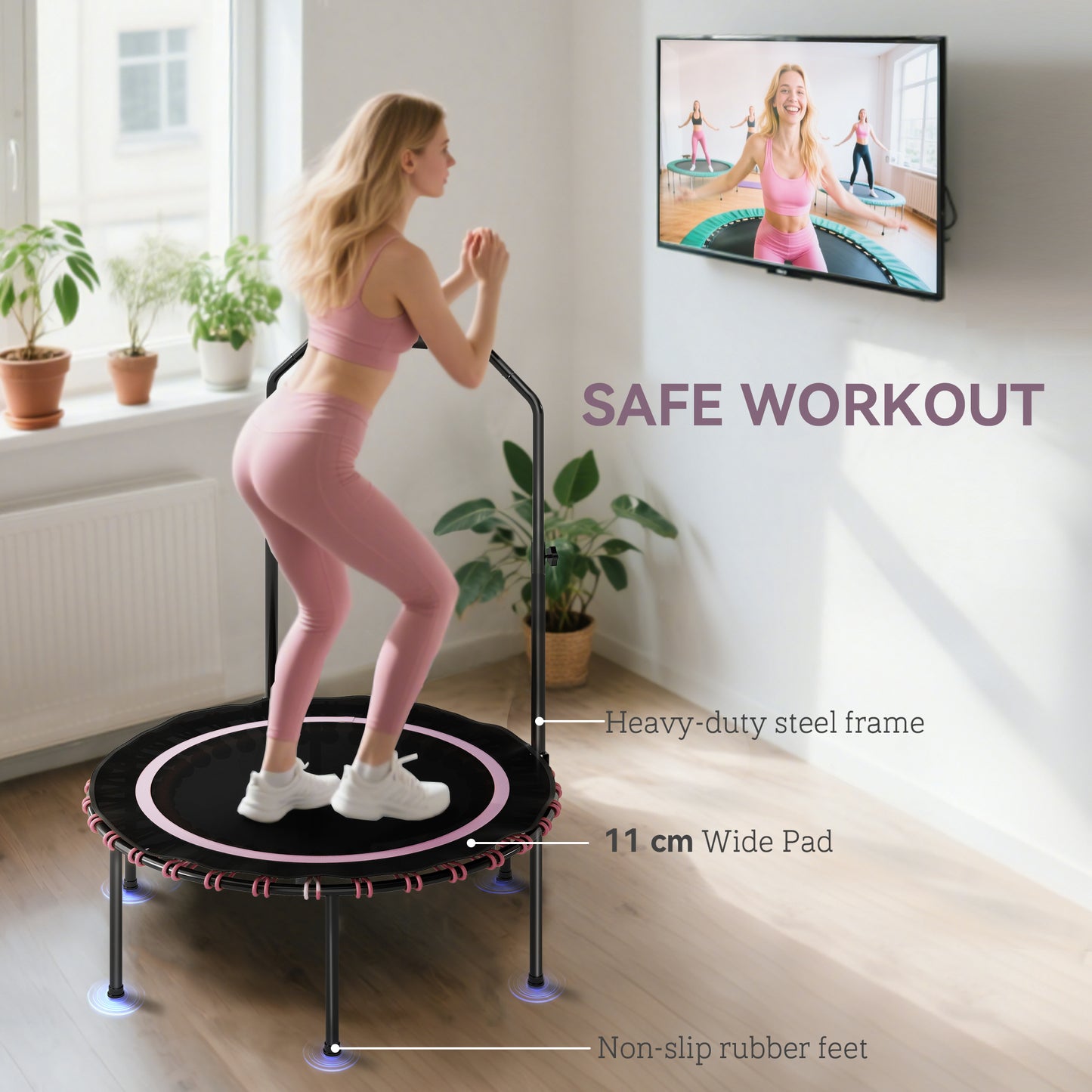 40'' Foldable Fitness Trampoline, Mini Trampoline Bungee Rebounder with 5-Level Adjustable Handle for Adults Indoor Outdoor Exercise, Pink