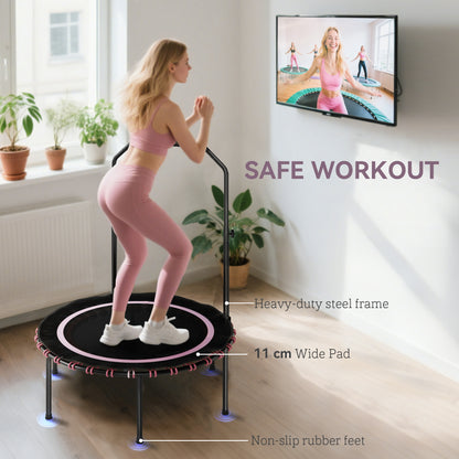 40'' Foldable Fitness Trampoline, Mini Trampoline Bungee Rebounder with 5-Level Adjustable Handle for Adults Indoor Outdoor Exercise, Pink