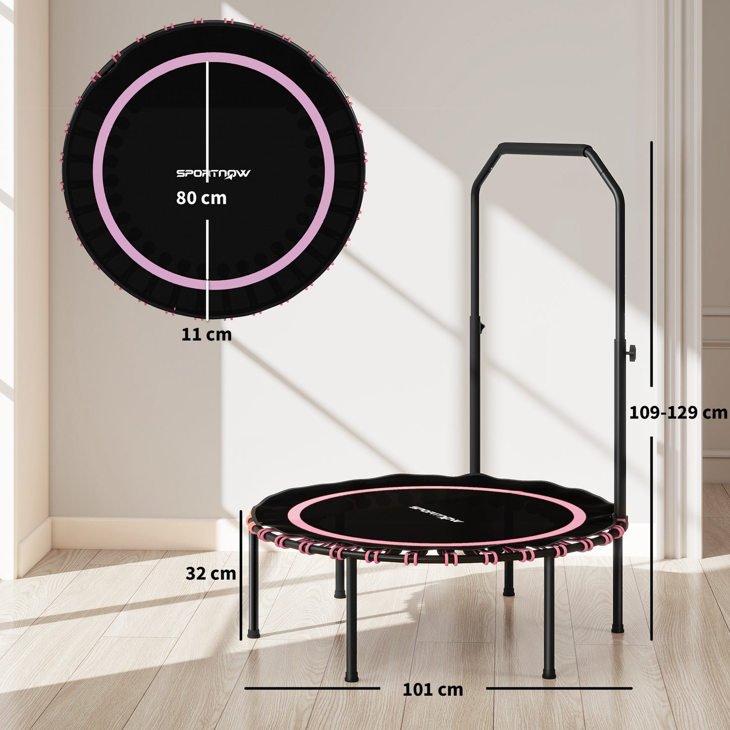 40'' Foldable Fitness Trampoline, Mini Trampoline Bungee Rebounder with 5-Level Adjustable Handle for Adults Indoor Outdoor Exercise, Pink