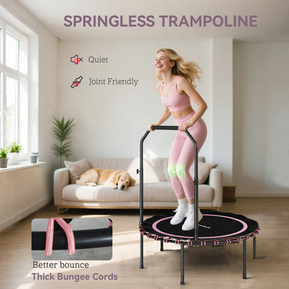 40'' Foldable Fitness Trampoline, Mini Trampoline Bungee Rebounder with 5-Level Adjustable Handle for Adults Indoor Outdoor Exercise, Pink