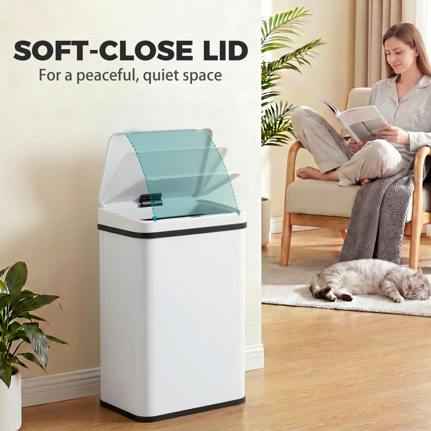 40L Sensor Bin with Quiet Soft-Close Lid, Automatic Touchless Motion Sensor Kitchen Bin with Fingerprint Resistant Stainless Steel for Hygienic Gyms, Home Office Use, White