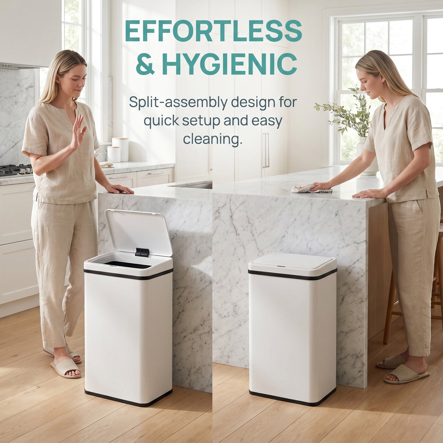 40L Sensor Bin with Quiet Soft-Close Lid, Automatic Touchless Motion Sensor Kitchen Bin with Fingerprint Resistant Stainless Steel for Hygienic Gyms, Home Office Use, White