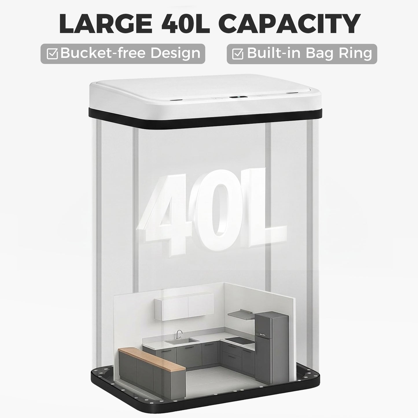 40L Sensor Bin with Quiet Soft-Close Lid, Automatic Touchless Motion Sensor Kitchen Bin with Fingerprint Resistant Stainless Steel for Hygienic Gyms, Home Office Use, White