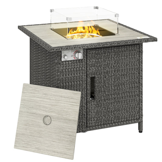 Rattan Gas Fire Pit Table with Rain Cover, Wind Guard, 14.5 KW