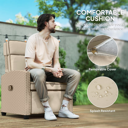 Rattan Garden Recliner Sun Lounger w/ Flip Table, Yellow/Beige