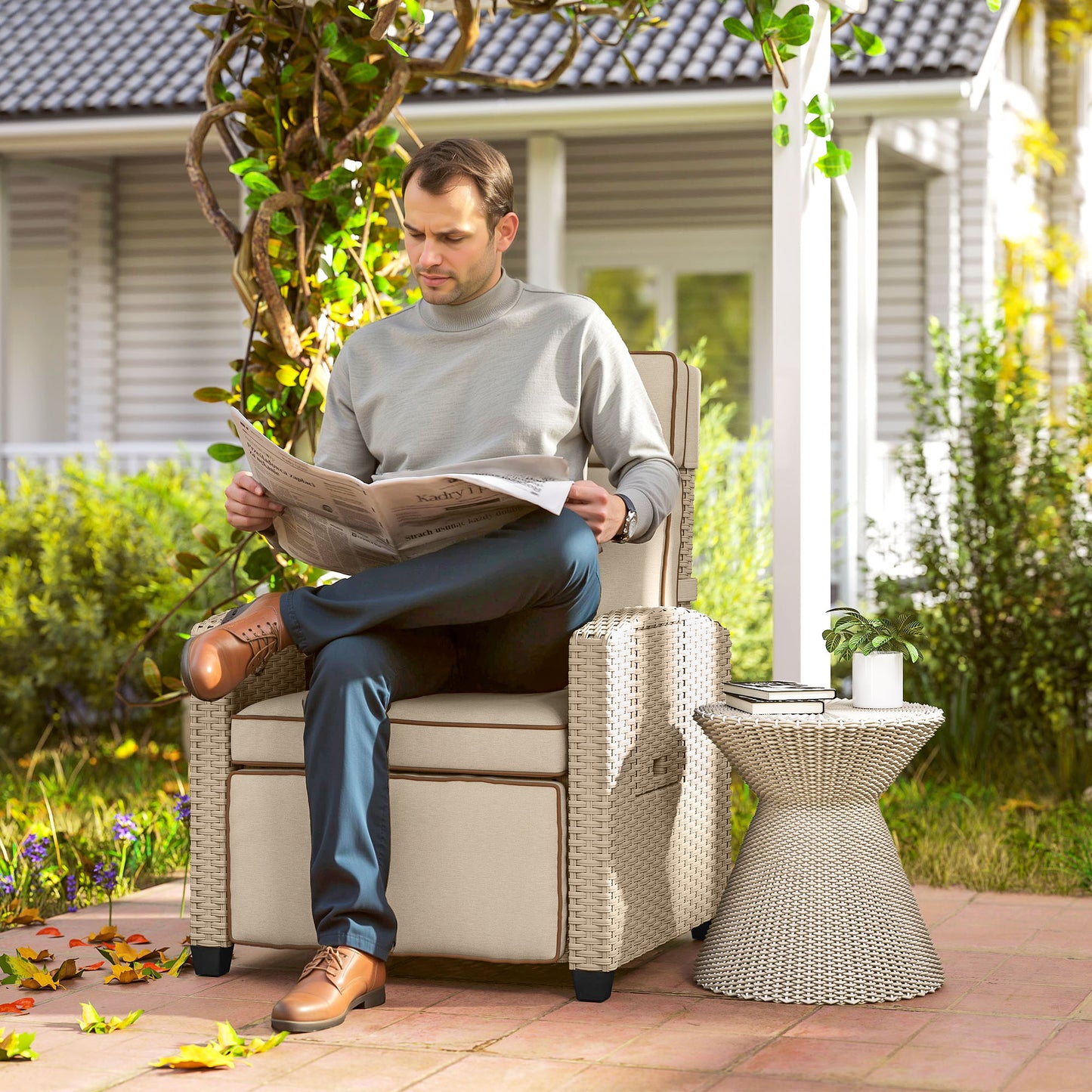 Rattan Garden Recliner Sun Lounger w/ Flip Table, Yellow/Beige