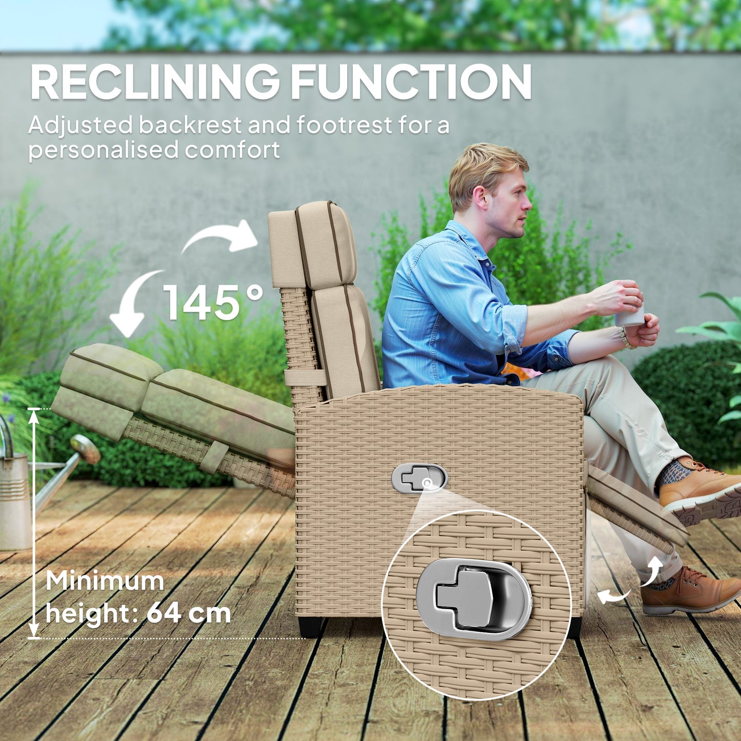 Rattan Garden Recliner Sun Lounger w/ Flip Table, Yellow/Beige