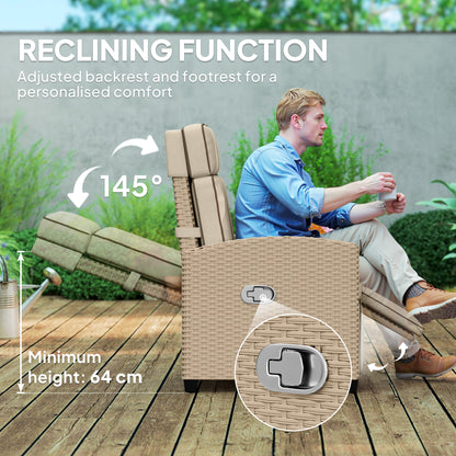 Rattan Garden Recliner Sun Lounger w/ Flip Table, Yellow/Beige