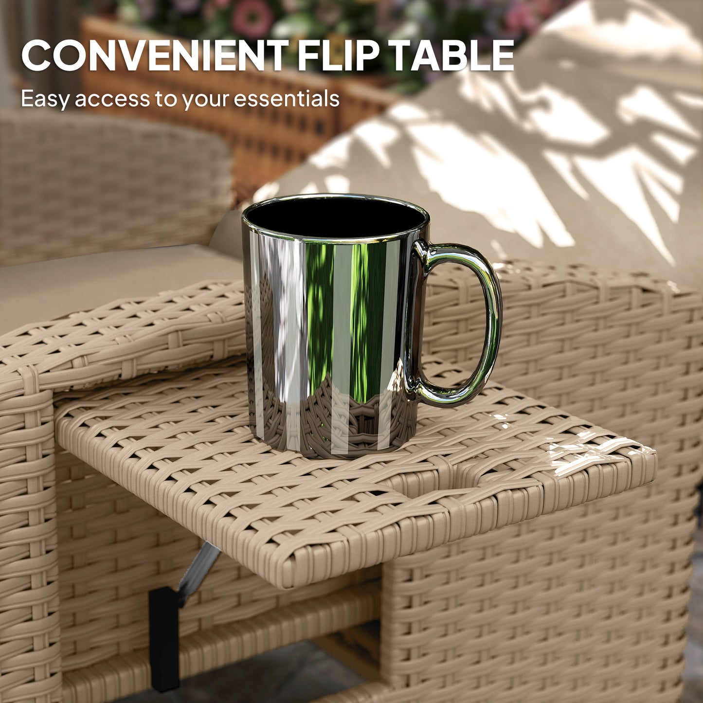 Rattan Garden Recliner Sun Lounger w/ Flip Table, Yellow/Beige