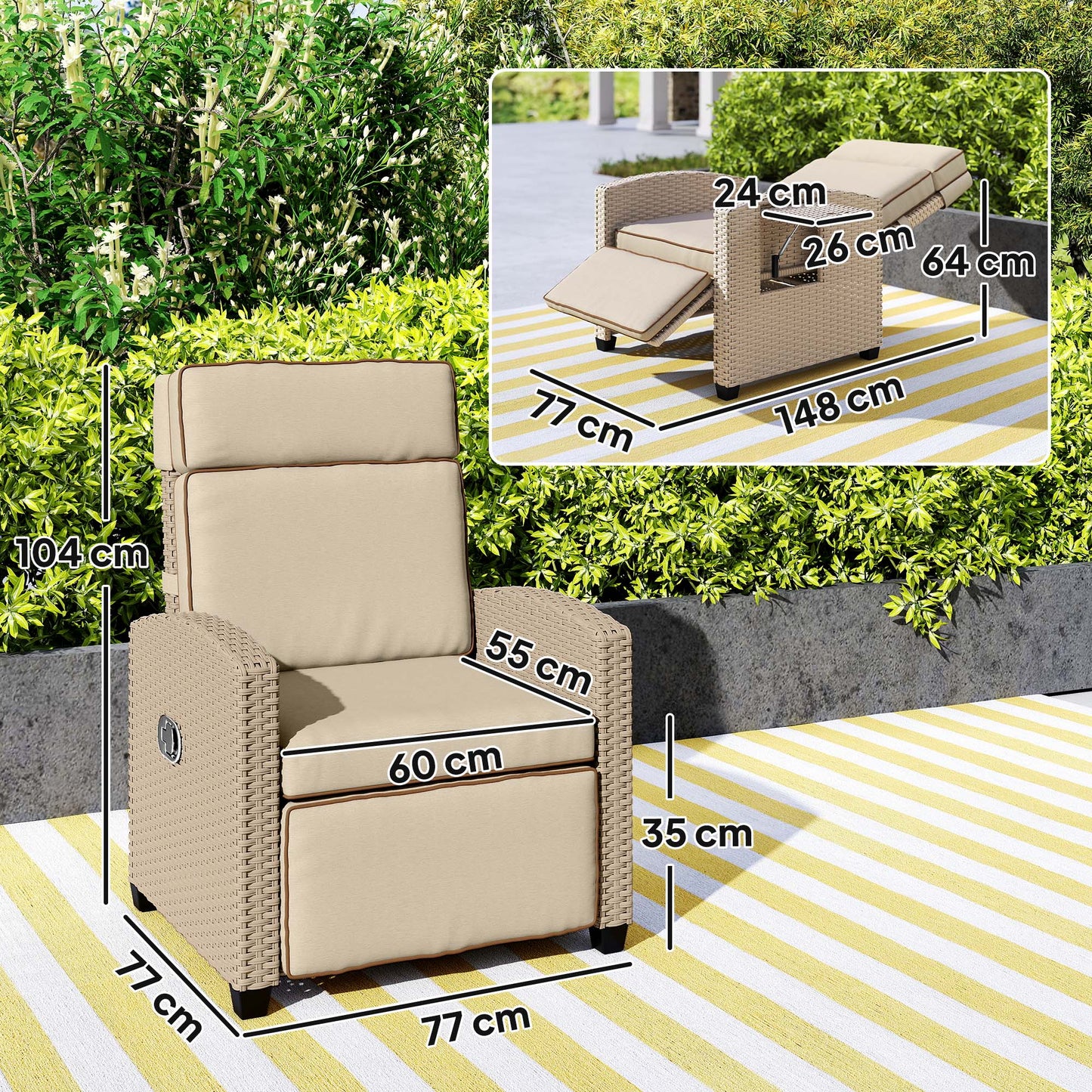 Rattan Garden Recliner Sun Lounger w/ Flip Table, Yellow/Beige