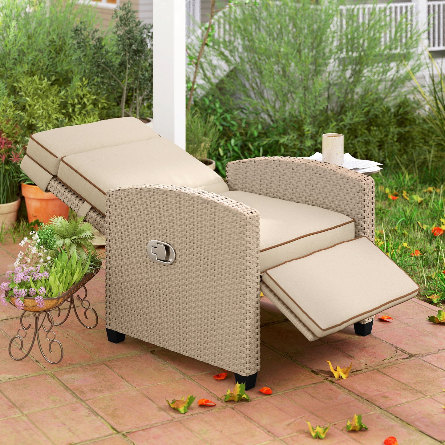 Rattan Garden Recliner Sun Lounger w/ Flip Table, Yellow/Beige