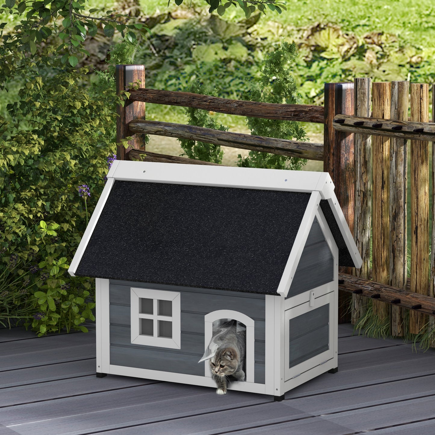 Outdoor Feral Cat House with Openable Asphalt Roof - Grey