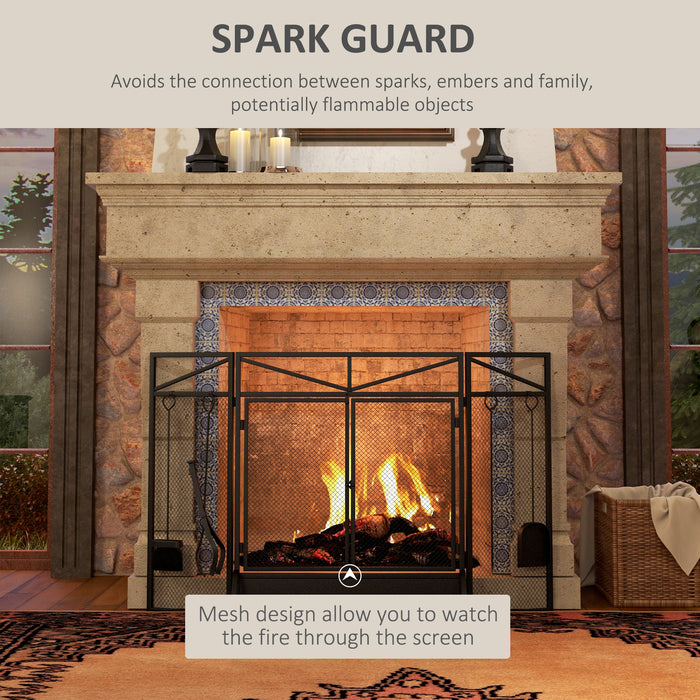 3 Panel Folding Fire Guard Screen w/ Fireplace Tool Sets, Front Doors, Freestanding Fire Screen Spark Guard w/ Feet, Black