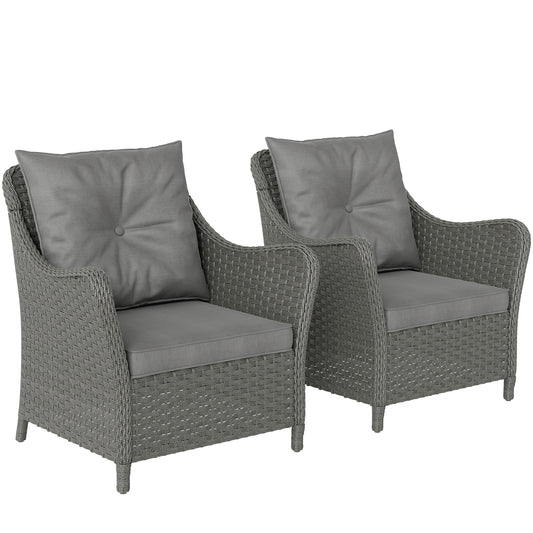 2 Pieces Rattan Garden Chairs, Cushioned Rattan Chairs, Dark Grey