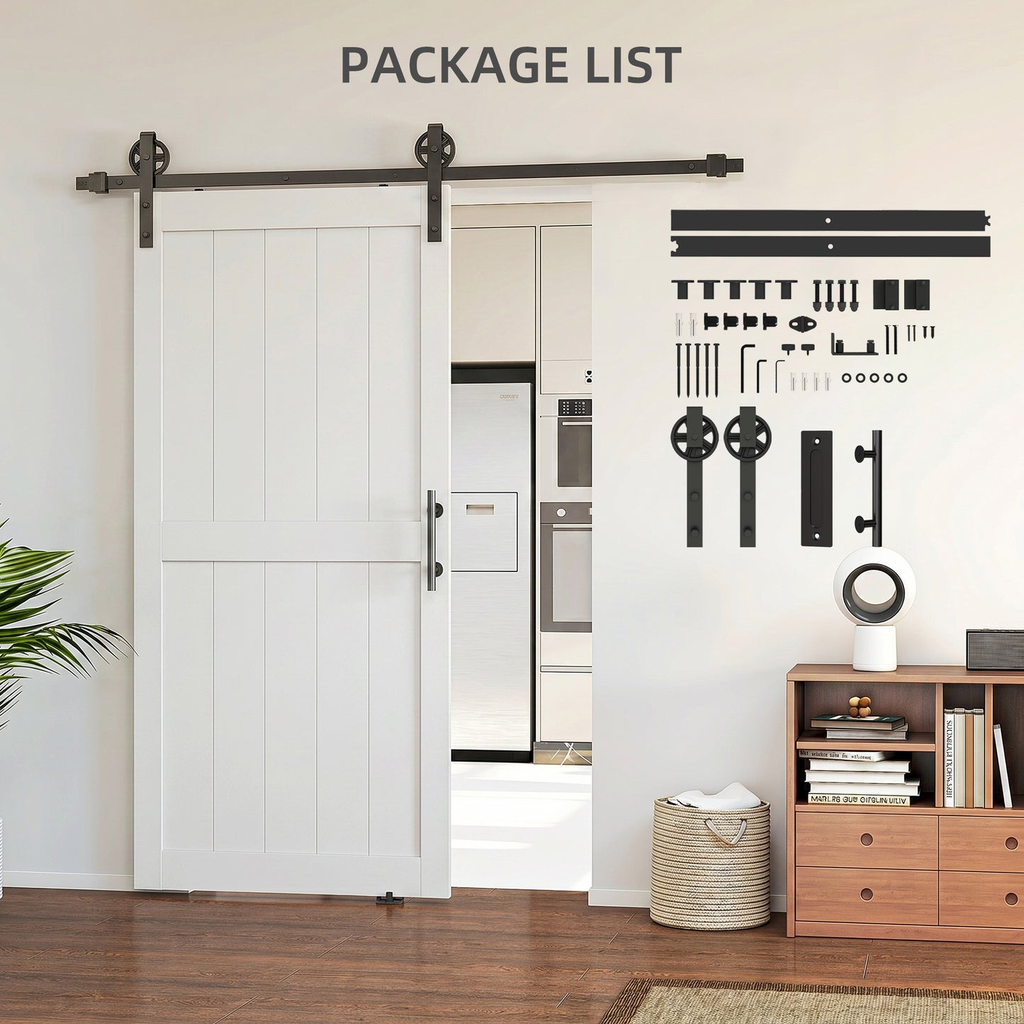 92 x 213 cm Sliding Barn Door with 183 cm Sliding Door Hardware Kit & Industrial Handle, Upgraded Rollers and Floor Guide, Waterproof Plastic Surface, Pre-Drilled Easy Assembly, White
