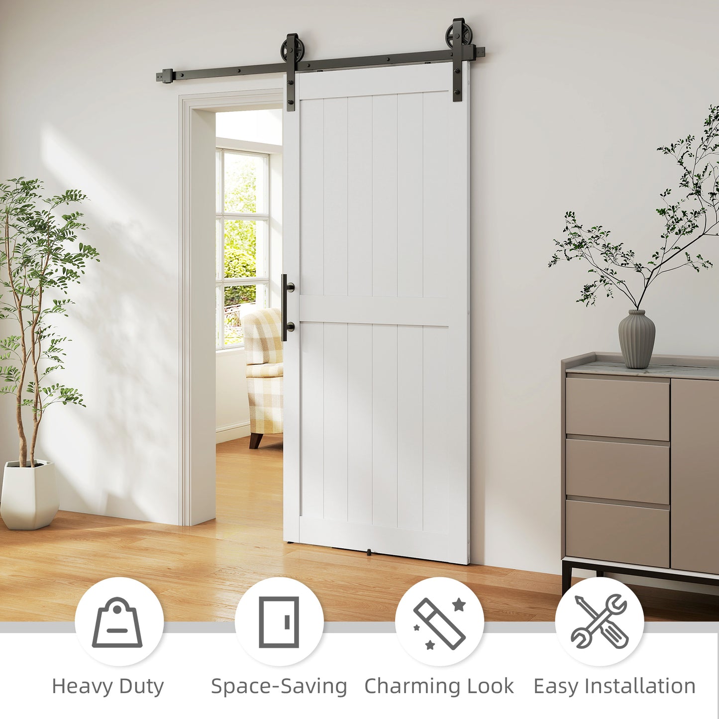 183cm Sliding Barn Door Kit, Sliding Door with Track, Hardware, Upgraded Rollers and Floor Guide, Industrial Handle, Water-Proof PVC Surface, White