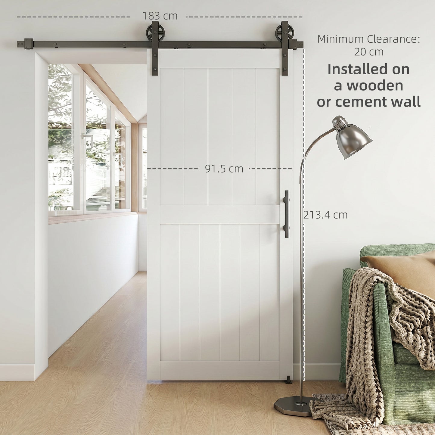 92 x 213 cm Sliding Barn Door with 183 cm Sliding Door Hardware Kit & Industrial Handle, Upgraded Rollers and Floor Guide, Waterproof Plastic Surface, Pre-Drilled Easy Assembly, White