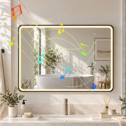 100 x 70cm Rectangular LED Bathroom Mirror with Bluetooth Speaker and Demister - Black