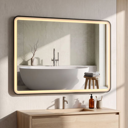 100 x 70cm Rectangular LED Bathroom Mirror with Bluetooth Speaker and Demister - Black