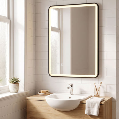 100 x 70cm Rectangular LED Bathroom Mirror with Bluetooth Speaker and Demister - Black