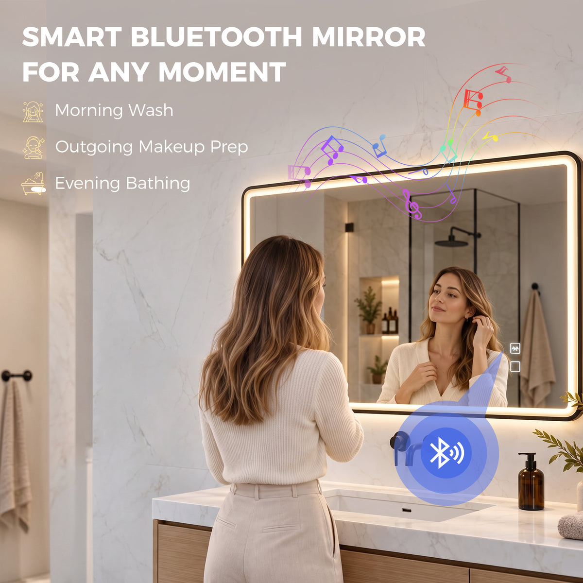 100 x 70cm Rectangular LED Bathroom Mirror with Bluetooth Speaker and Demister - Black