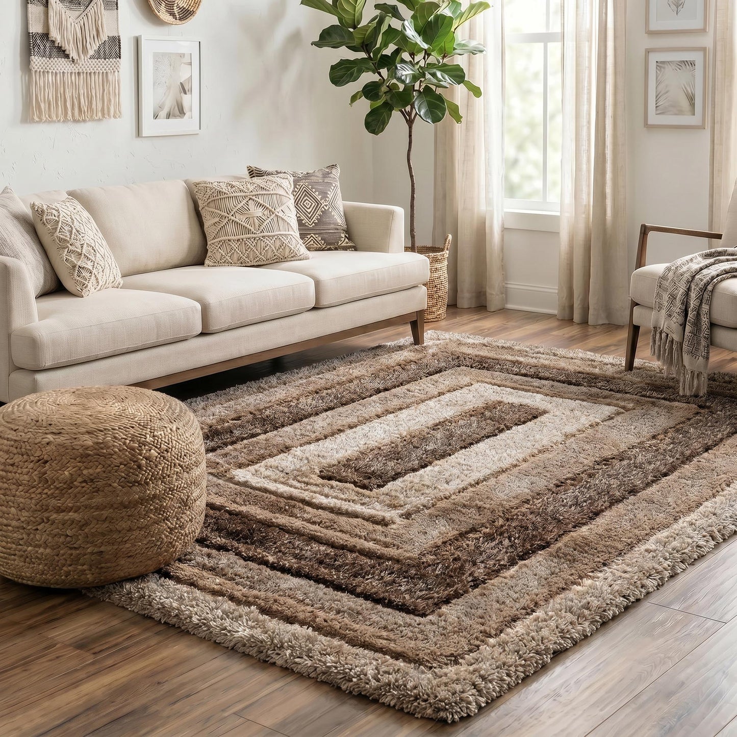 California Modern Soft Bordered Shimmer Shaggy Area Rugs - 2 Colours Available