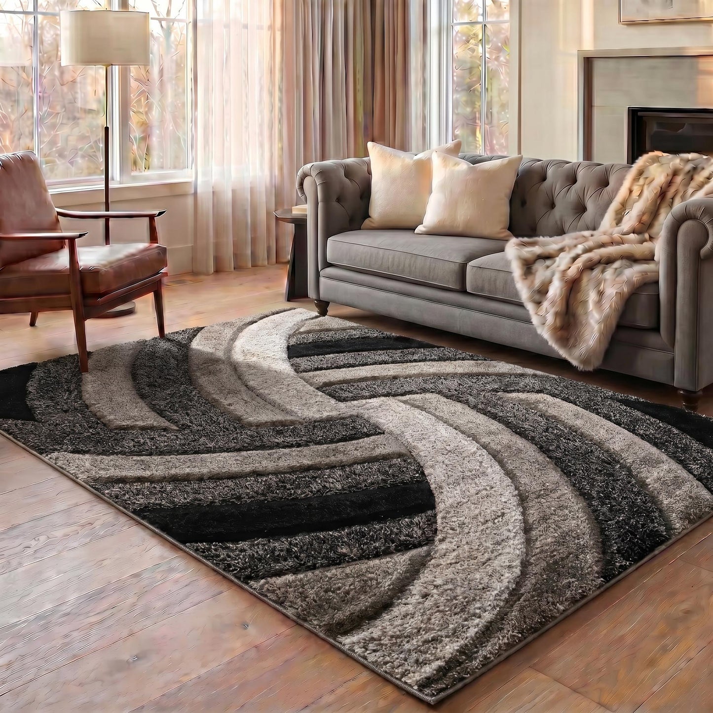 California Modern Soft Swirl Shimmer Shaggy Area Rugs - 3 Colours Available