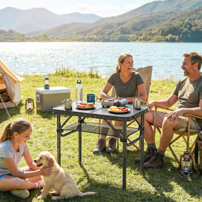 2ft Folding Camping Table, Picnic Table with Storage Layer, Black