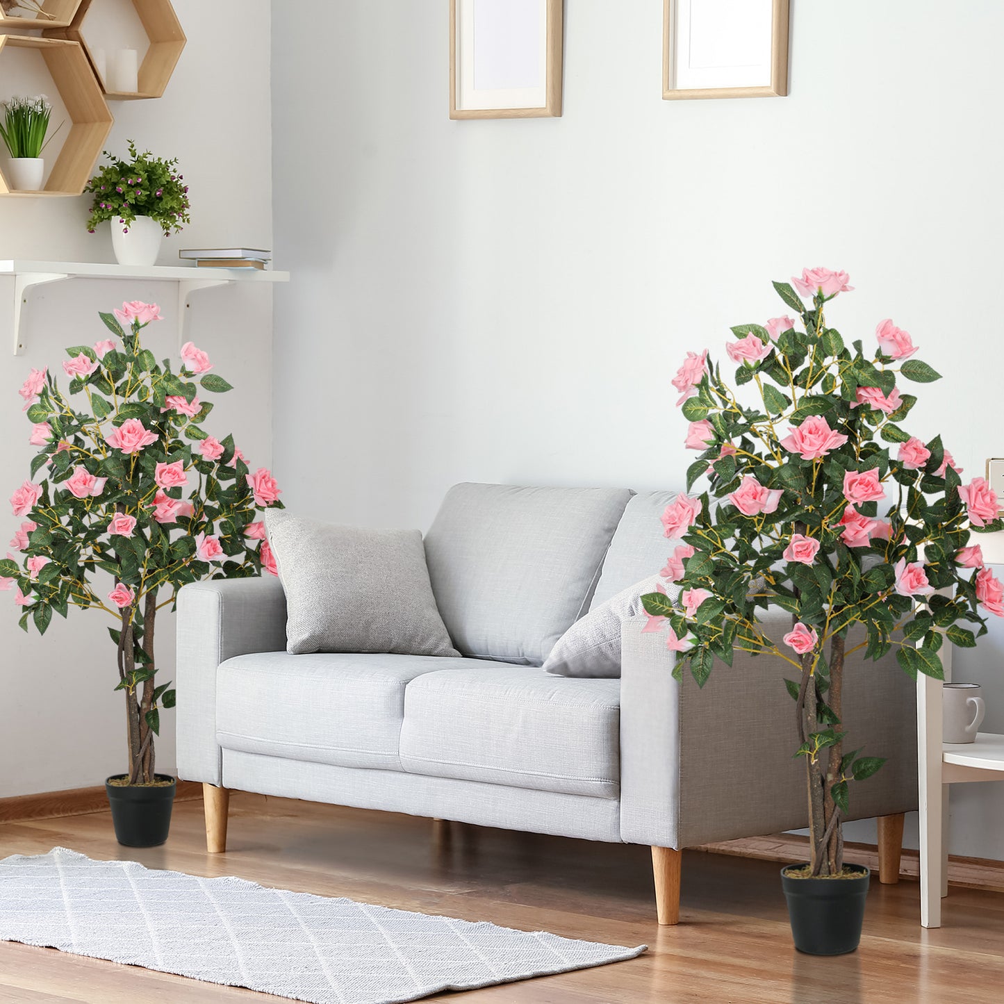 Set of 2 Decorative Artificial Plants Rose Trees in Pot, Pink