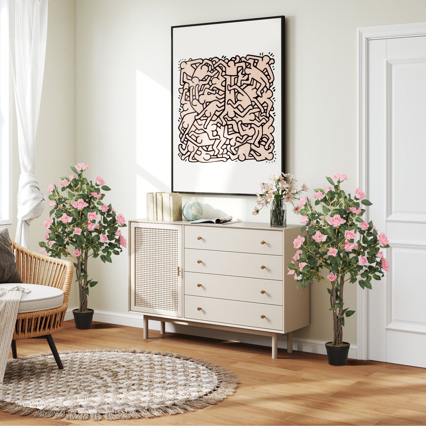 Set of 2 Decorative Artificial Plants Rose Trees in Pot, Pink