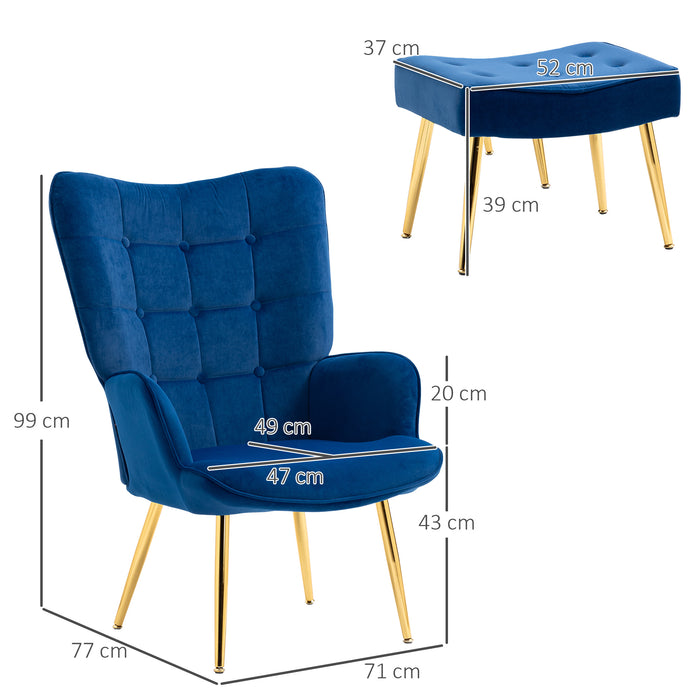 Upholstered Armchair w/ Footstool Set, Modern Button Tufted Accent Chair w/ Gold Tone Steel Legs, Wingback Chair, Blue