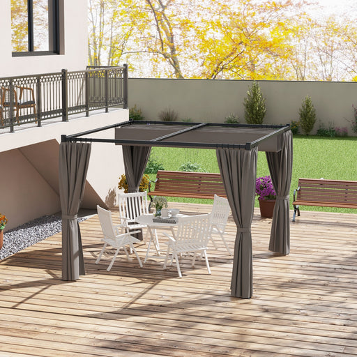 3 x 3(m) Retractable Pergola, Garden Gazebo Shelter with Curtains, for Grill, Patio, Deck, Grey