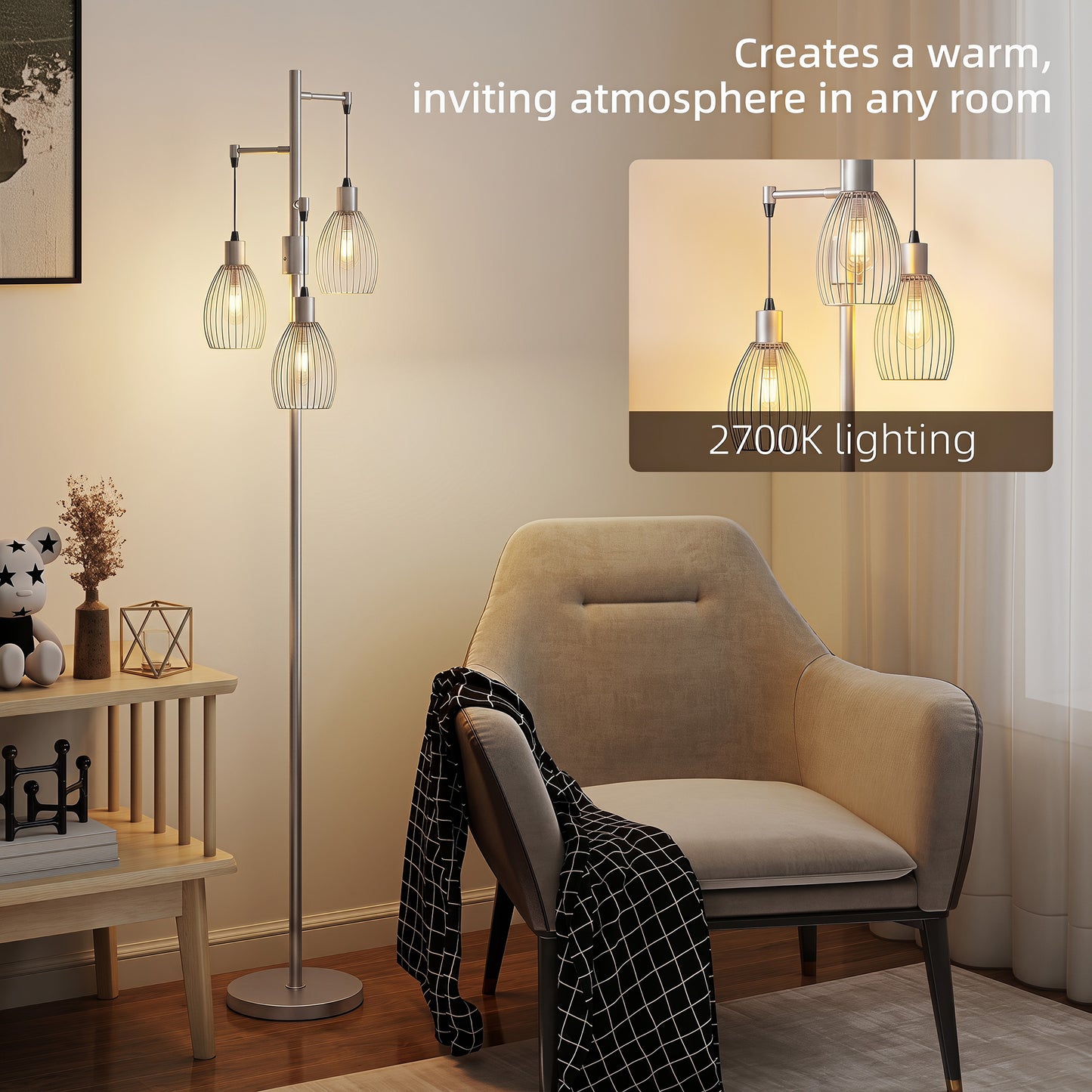 Industrial 3-Light Floor Lamp Dimmable LED Standing Lamp, Silver Tone