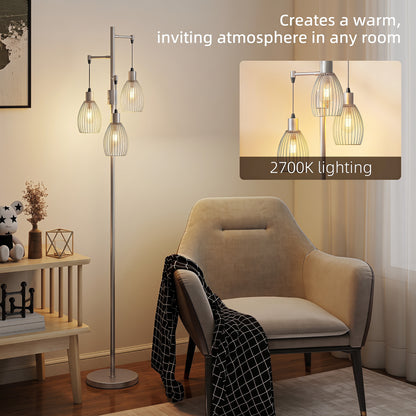 Industrial 3-Light Floor Lamp Dimmable LED Standing Lamp, Silver Tone